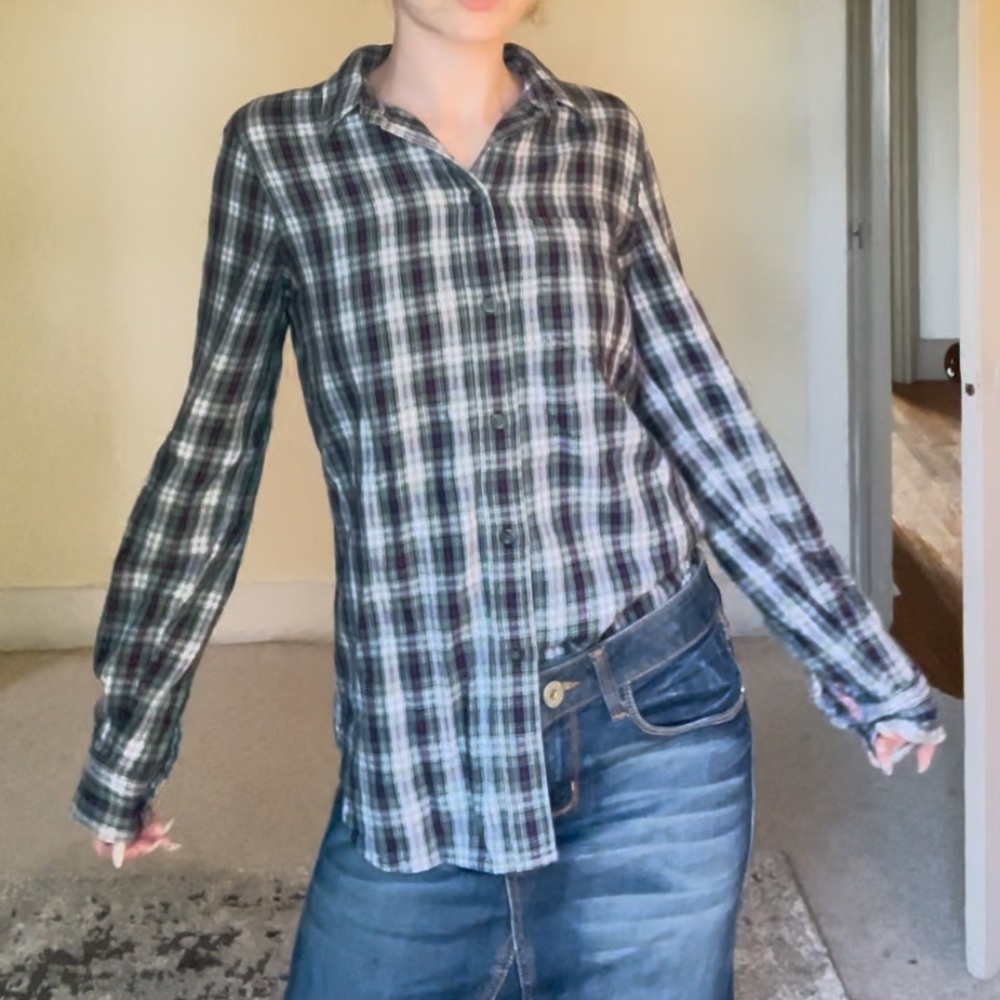 Madewell Green White Red Plaid Button-Up Shirt Flannel Coverup Light Soft Cute - Picture 12 of 16